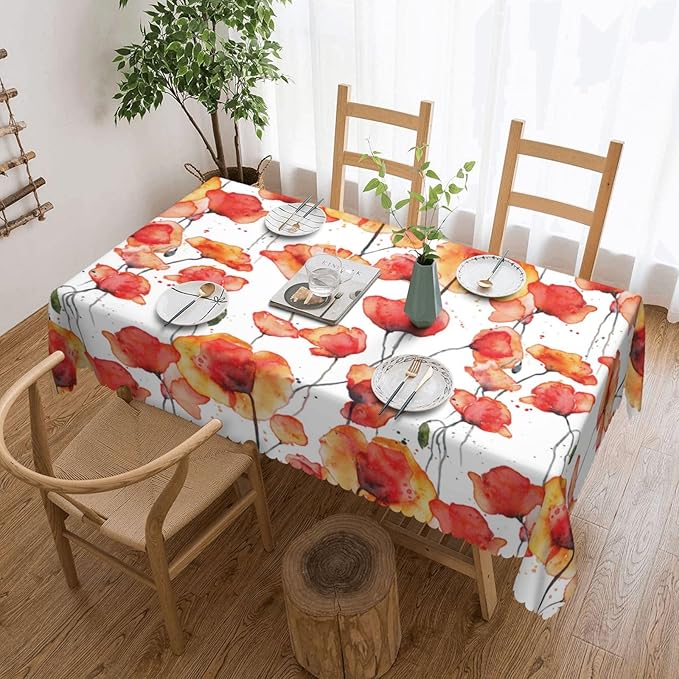 Red Orange Poppies Rectangle Tablecloth Watercolor Poppy Wild Flowers Table Cloth Dining Table Cover for Home Kitchen Restaurant Party Buffet Picnic 54 x 72 Inch