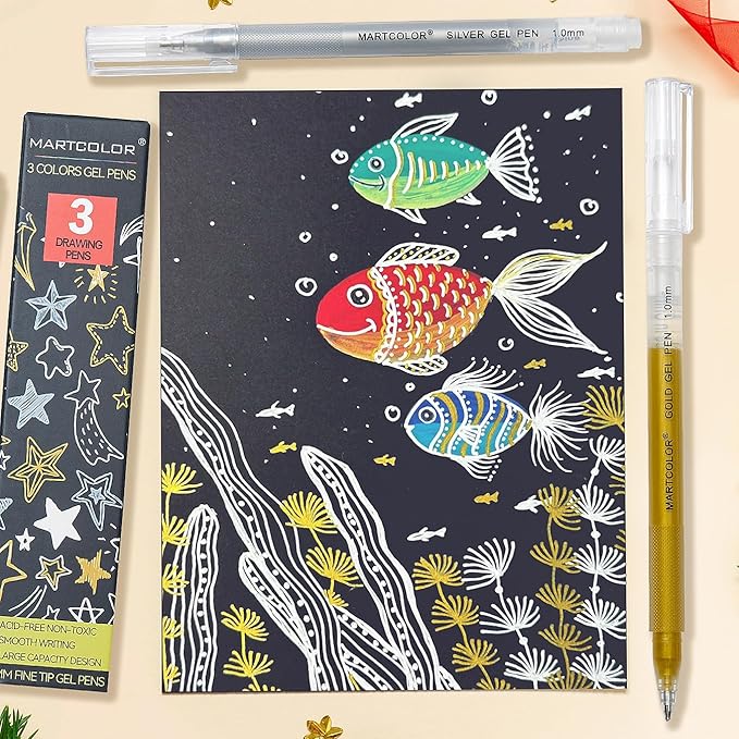 Gold Silver White Gel Pens, 1mm Fine Point Gel Ink Pen Opaque Archival Ink Pens for Black Paper Drawing, Sketching, Illustration, Card Making, Bullet Journaling, 3 Pack