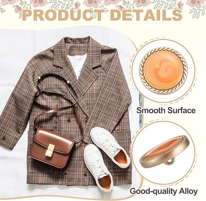 MECCANIXITY Metal Vintage Gold Button 20mm Round Metal Sewing Button Alloy Shank Replacement for Women's Suit Woolen Coat Shirt Dress Sewing Orange Pack of 10