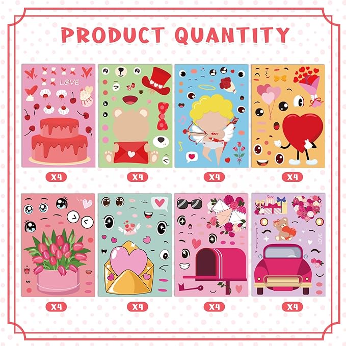 XZENTIRA 32 PCS Valentines Day DIY Stickers 8 Designs Holiday Stickers for DIY Valentines Day Crafts Party Gifts Galentines Decorations