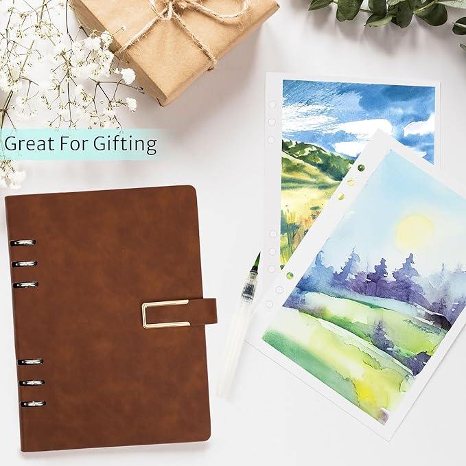 Vienrose 9" x 7" 3 Ring Watercolor Sketchbook, Faux Leather Cover Professional Art Journal with Detachable 24 Sheets 48 Pages, Ideal for Water Coloring, Sketching, Painting, Darkbrown