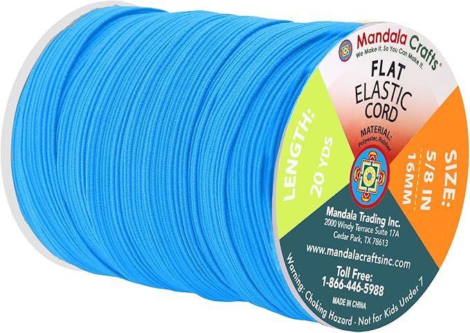 Mandala Crafts 16mm 20 Yds Roll of Blue Elastic Bands for Sewing - 5/8 Flat Elastics Cord - 5 8 Inch Braided Stretch Straps for Crafting