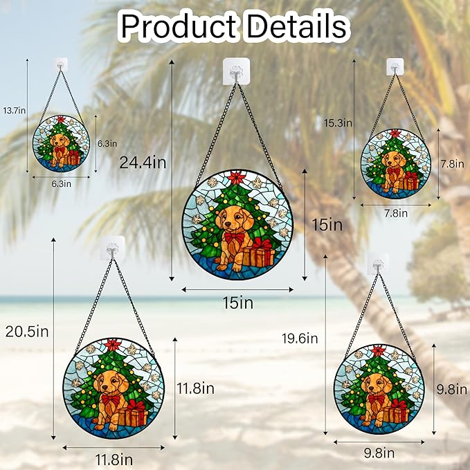 Stained Glass Window Hanging Green Christmas Tree Snowflake Dog 6.3" - Suncatcher Door Garden Sun Catcher Xmas Holiday Decor Birthday for Mom Men Woman Friend Nana