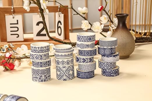 Blue & White Porcelain Washi Tape Set, Traditional Chinese Ceramic Pattern Decorative Masking Tapes, Oriental Art for Craft, Scrapbook, DIY, Gift Wrapping (1-Porcelain Grace/20 Rolls)