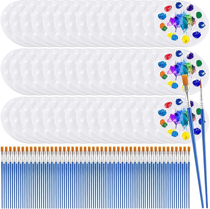 150 Pcs Paint Brush Palette Set, 50 Pcs Plastic Paint Palettes, 100 Pcs Paint Brushes, Paint Tray Palettes for Acrylic Oil Watercolor Painting, Art Paint Party Supplies