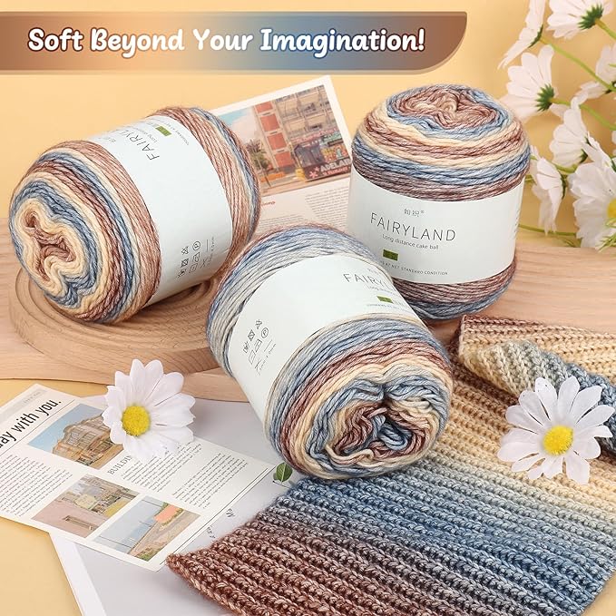 Aeelike Cake Yarn for Crocheting, 6 Skeins Gradient Yarn 100g (3.52 oz) 245m (267 Yards) # 3 Light Weight -Soft Cake Yarns Fairyland Yarns for DIY Making Colorful Blanket Scarves Hat, Khaki Gradient