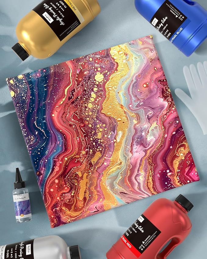 Nicpro 8 Colors 33.8 oz Large Bulk Metallic Acrylic Pouring Paint Supplies Kit, Premixed High Flow Art Pour Paint with Silicone Pour Oil, Gloves, Tablecloths for Beginner DIY, Ready to Pour