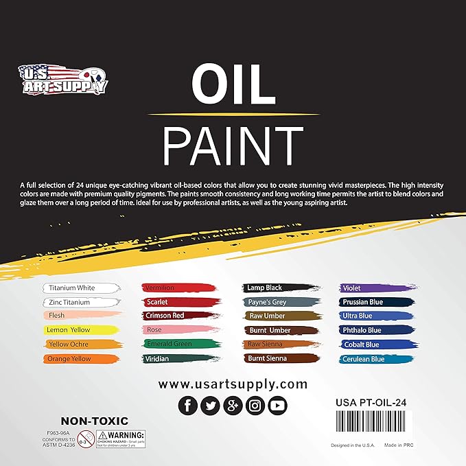U.S. Art Supply Professional Oil Paint Set - 24 Vibrant Colors in 12ml Tubes for Canvas, Wood & Art Surfaces - Oil Based Paint for Artists, Adults & Students