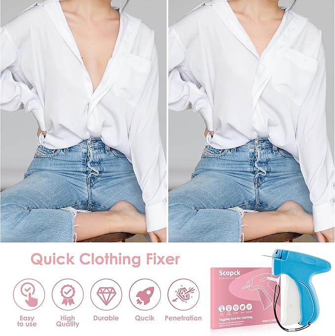 Stitch Gun for Clothes - Handheld Stitch Gun Quick Clothing Fixer - Mini Sewing Kit Micro Tagging Gun - Includes 6 Needle, 1000 Black Fasteners and 1000 White Fasteners (Blue-White)