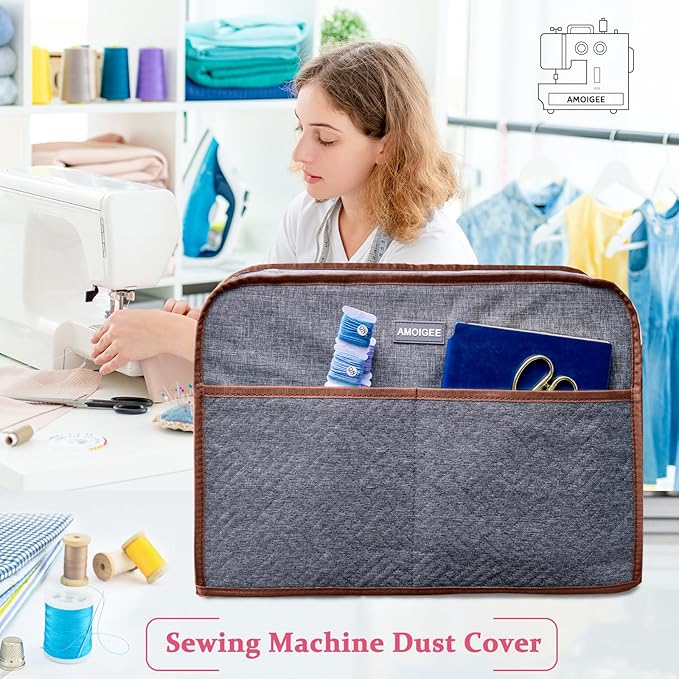 AMOIGEE Sewing Machine Cover for Brother, Singer, Janome – Quilted Dust Cover with Storage Pockets, Padded Protective Sewing Machine Case Fits Most Standard Sewing Machines (17" x 7" x 12")
