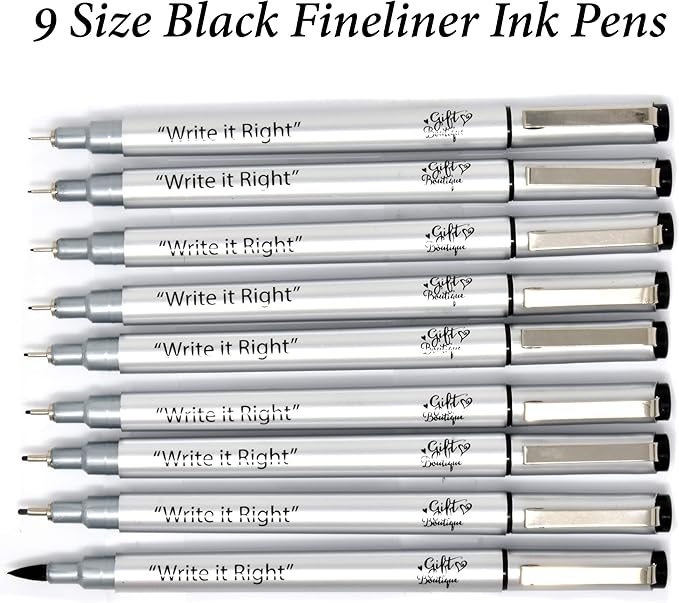 Gift Boutique Black Micro-Pen Fineliner Pigment Pens, Set of 9 Archival Ink Waterproof Brush & Calligraphy Tip Nibs For Art Technical Drawing Sketching Calligraphy Illustration Journaling Scrapbooking