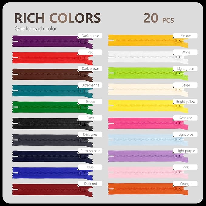 20Pcs Resin Zippers #5 Non-Separating Close-End Zipper with Pulls for Sewing Clothing Bag Outerwear Pockets Handbag Crafts DIY Mixed 20 Colors (20cm/8in)