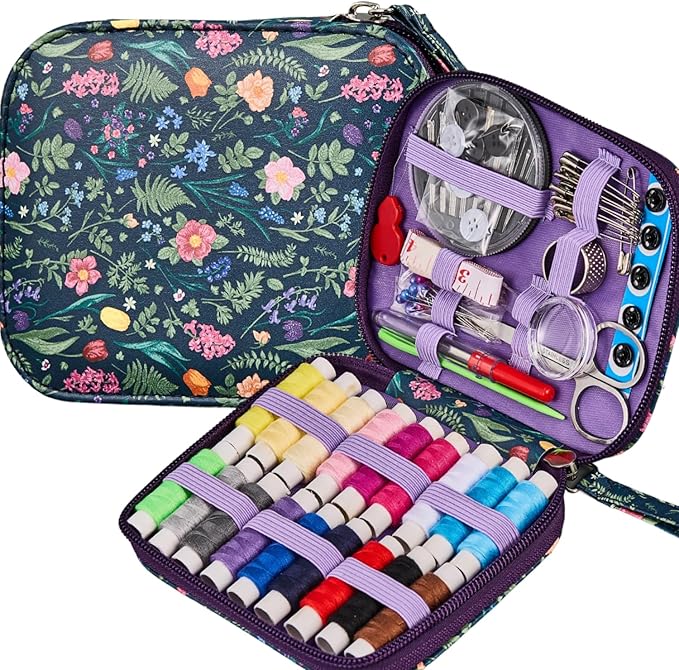 Bobode Sewing Project Kits Mini Sewing Kit Printing Needle and Thread Set (Tulips Pattern Travel Sewing Kit for Adults,Professional Basic Sewing Supplies for Arts Craft DIY,Emergency, Home Beginners)