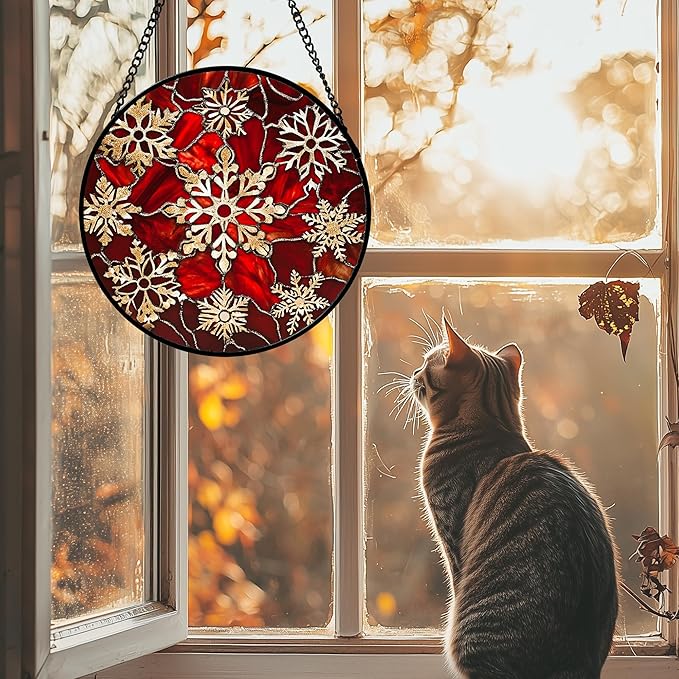 Stained Glass Window Hanging 4 Pcs Set Red Christmas Elk Snowflakes Large 11.8" - Deer Suncatcher Door Garden Sun Catcher Decor Birthday for Mom Woman Nana Men Friend