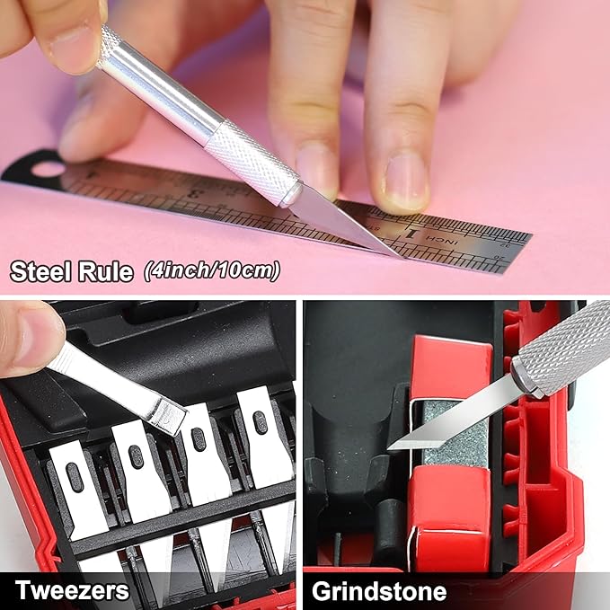 FASTPRO 31-Piece Precision Hobby Knife Set, Craft Knives with 26pcs Blades, Exacto Knife Set Included Tweezers, Grindstone, Steel Ruler and Storage Case, for Art Work, Scrapbooking, Stencil, Modeling