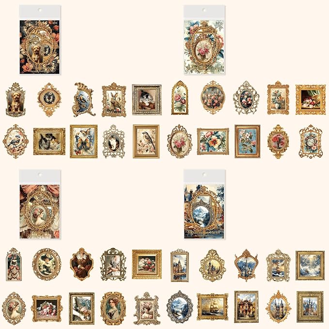 80 Pieces Vintage Baroque Style Frame Background Scrapbook Sticker Set, 4 Pack Aesthetic Palace Style PET Stickers for Scrapbooking, Journaling, Waterproof DIY Crafts and Junk Journal