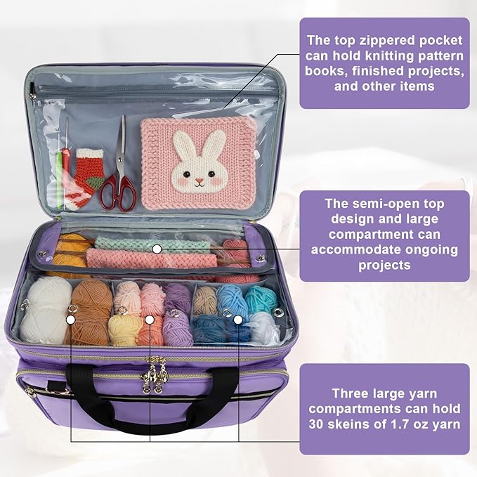Anitor Large Crochet Bag Knitting Bag Yarn Storage Tote, Yarn Bag with Clear Top Lid, Unfinished Project Compartment, 6 Yarn Holes. Holds Knitting Needles, Crochet Hooks, Yarn, Purple, (Bag Only)