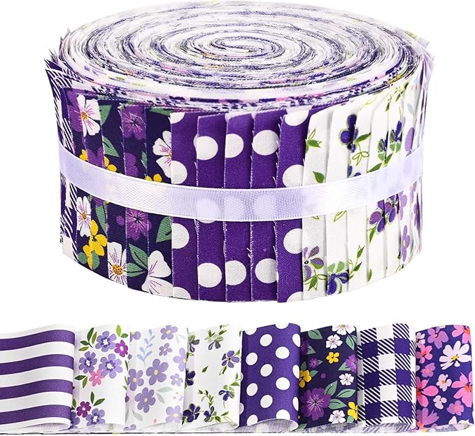 40 Pcs Purple Floral Cotton Jelly Fabric Strips Vintage Purple Flowers Fabric Bundles Strips for Quilting Crafting Precut Patchwork for Summer Holidays for Gift Sewing DIY Crafts