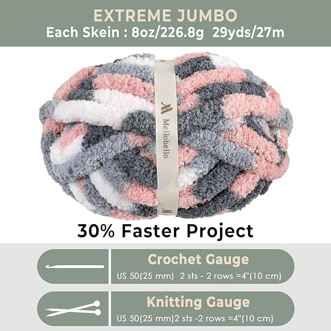 Jumbo Chunky Yarn for Hand Knitting - Super Thick Chenille Chunky Yarn for Crocheting - Extra Soft Bulky Fluffy Blanket Big Yarns 8 Jumbo Pack (27yds,8 oz Each Skein)