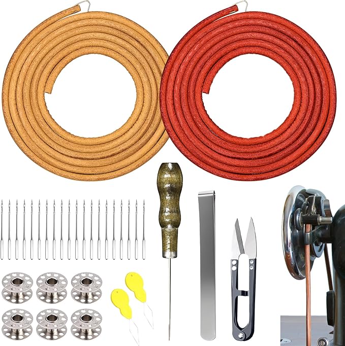 2 PCS Treadle Sewing Machine Belt, 72 Inch 3/16" Replacement Leather Belt with Hook for Singer/Jones Sewing Machine - 31 PCS Accessories Included