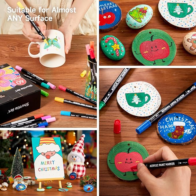 Shuttle Art 60 Colors Dual Tip Acrylic Paint Markers, Brush Tip and Fine Tip Acrylic Paint Pens for Rock Painting, Ceramic, Wood, Canvas, Plastic, Glass, Stone, Calligraphy, Card Making, DIY Crafts