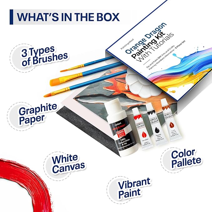 Painting4Real DIY Art Painting Kit for Adults – Learn to Paint Orange Dragon with Video Tutorials – 9 Pieces Acrylic Paint Set for Adults –Perfect Christmas Crafts & Holiday Gifts for Art Lovers