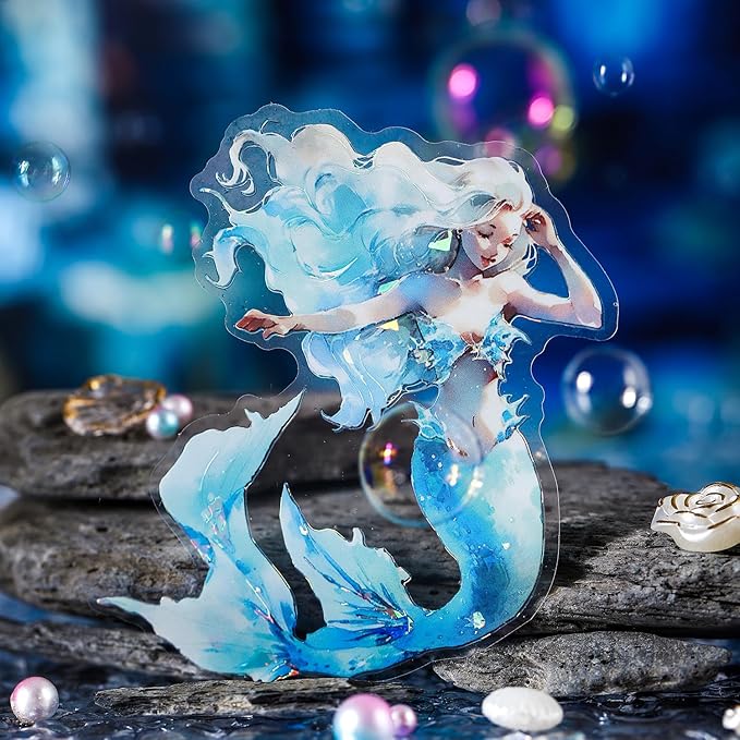 Yoksas Holographic Shiny Fantasy Mermaid Big Stickers - 30Pcs Waterproof Clear Glitter Aesthetic Fairy Tale Scrapbook Stickers for Junk Journals,Planner,Resin Art Supplies