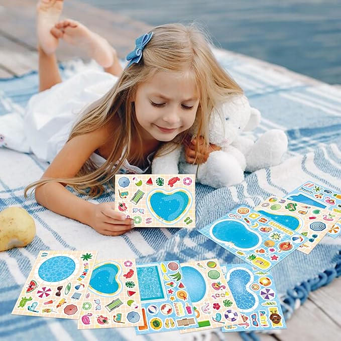 24 Sheets Summer Stickers for Kids, Make a Pool Sticker, Make Your Own Stickers Mix & Match Craft Kit for Summer Party Favors & Activities