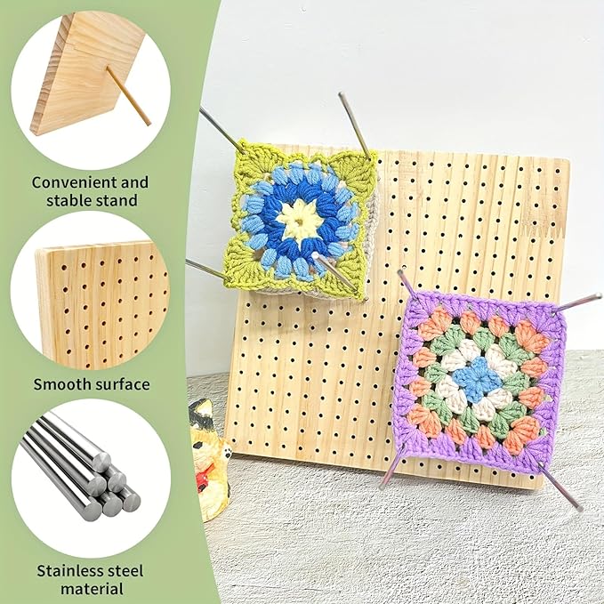 HAND U JOURNEY 9 Inch Premium Wooden Crochet Blocking Board - Complete Crochet Accessories Set with 12 Steel Pins - Ideal for Knitting, Granny Squares, and Projects