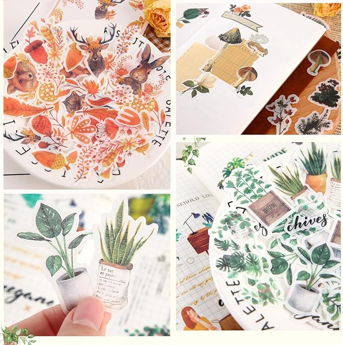 Yoksas 320 Pcs Watercolor Washi Stickers - Forest, Flower, Plant Aesthetic Stickers for Scrapbooking, Bullet Journal, Planners, Calendars