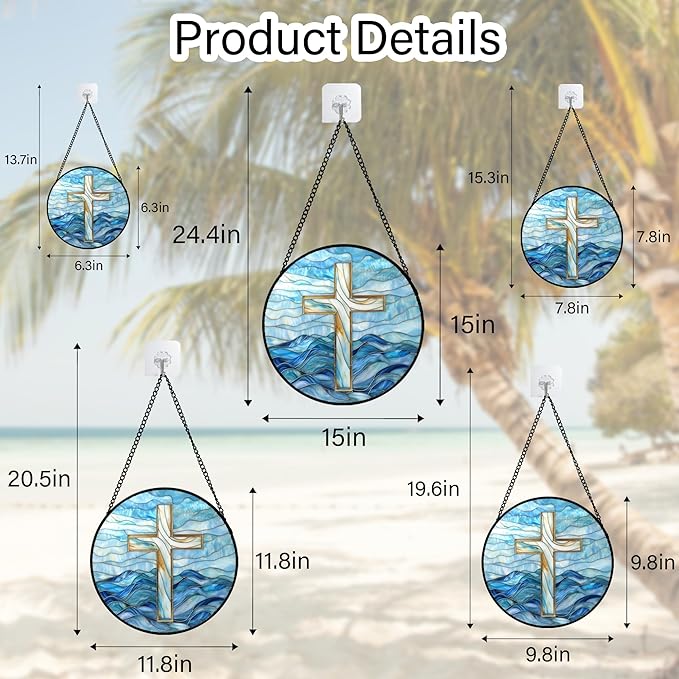 Christian Gifts for Women - Blue Cross Stained Glass Window Hanging Jesus Easter Ocean Waves Sun Catcher Garden Religion Decor Mother's Day Catholic Gift for Men Grandma Mom Her Nana 11.8"