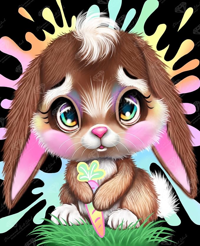 DIAMOND ART CLUB Rainbow Lil Bunny Diamond Painting Kit, Fun DIY Crafts for Adults, Round Diamond Art Canvas, 13" x 16"