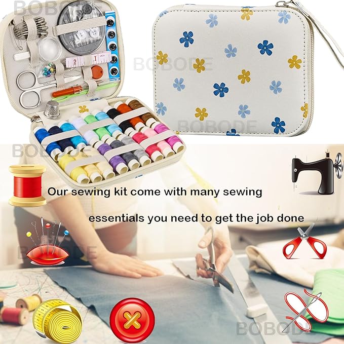 Bobode Sewing Sets & Kits Mini Travel Sewing Kit Floral Pattern Sewing Set Professional Basic Sewing Supplies Printing Carry Sewing Kit for Adults, Emergency, Home Beginners