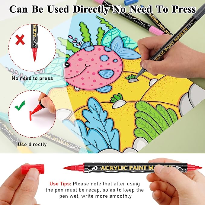 72 Colors Acrylic Paint Markers,Dual Tip Acrylic Paint Pens,Includes 12 Metallic Brush Tip Fine Tip Markers For Rock Painting,Plastic,Canvas And Diy Crafts Art Supplies