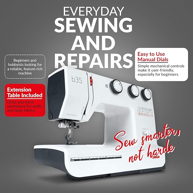 Bernette B35 Sewing Machine for Beginners | 23 Built-In Stitches, 7 Presser Feet, One-Step Buttonhole | Includes Cutting Mat, Scissors, Bobbins, Seam Ripper, Screwdriver, Foot Pedal & Accessories