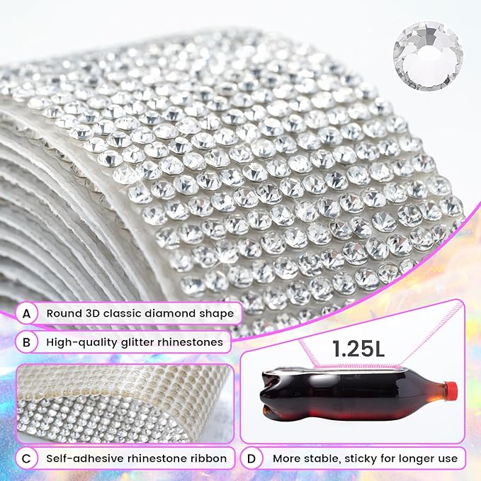 Novani Self Adhesive Rhinestone Ribbon, 0.78 Inch Wide 3 Yards 1 Roll, Silver Crystal Diamond Bling Strips for DIY Crafts,Home Decor,Glitter Glass Rhinestones for Crafting,Car Decoration