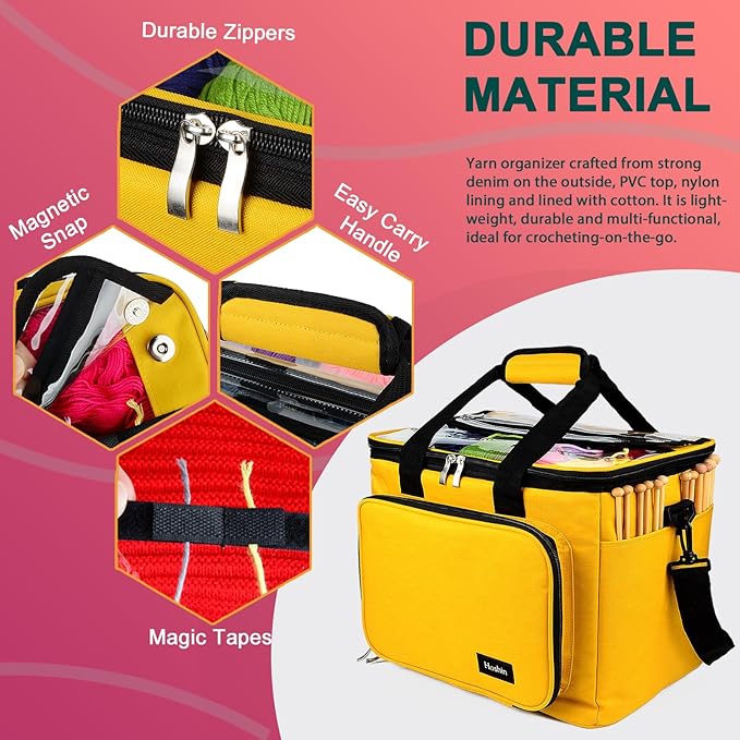 Hoshin Knitting Bag for Yarn Storage, High Capacity Yarn Totes Organizer with Inner Divider Portable for Carrying Project, Knitting Needles(up to 14”), Crochet Hooks, Skeins of Yarn (Yellow)