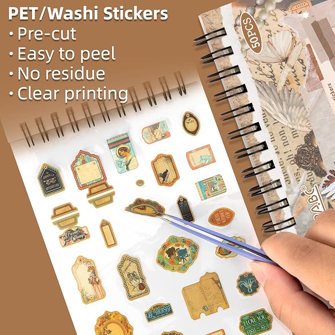 Uideyvi Retro Series Sticker Scrapbooking Supplies for Junk Journal, 25 Sheets Washi Stickers and 25 Sheets PET Stickers(TZ-010-001)