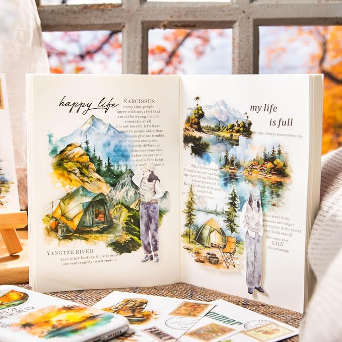 Yoksas Travel Sea Beach Nature Outdoor Watercolor Scenery Stickers - 180Pcs Waterproof Clear Adventure Camping Scrapbook Stickers for Junk Journals,Planner,Art Craft Supplies