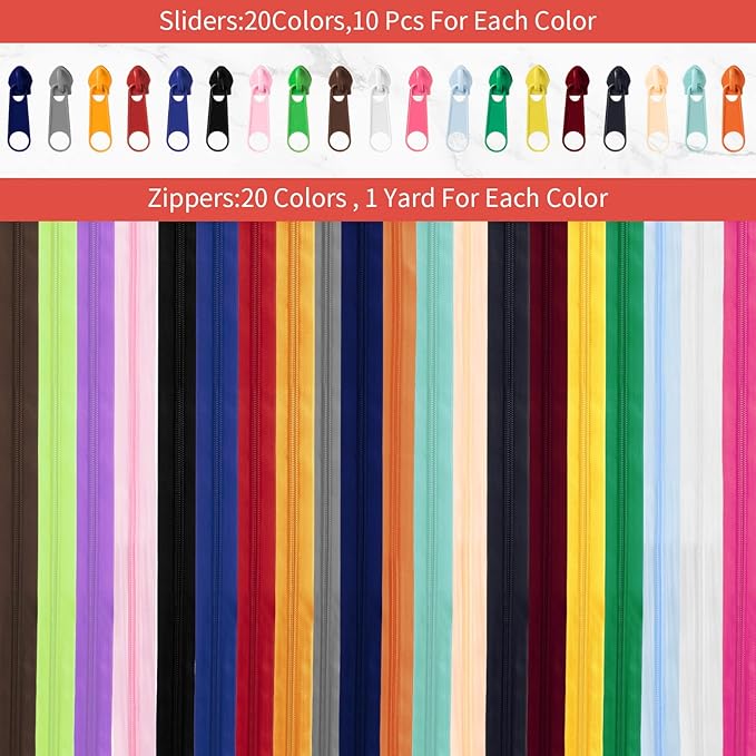 WILLBOND 60 Yards 20 Pcs Sewing Zippers Bulk #5 Nylon Coil Zippers 20 Color Assorted Zipper for Sewing with 200 Zipper Sliders for DIY Tailor Bags Purses Crafts Supplies (Various Color)
