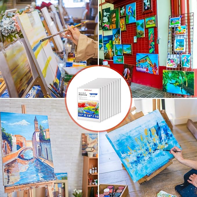 Stretched Canvas for Painting - 11x14 Inch/10 Canvas Value Pack - Triple Primer Acid Free 100% Cotton Blank Canvas for Painting Supplies Oil and Acrylic Pouring Art Watercolor