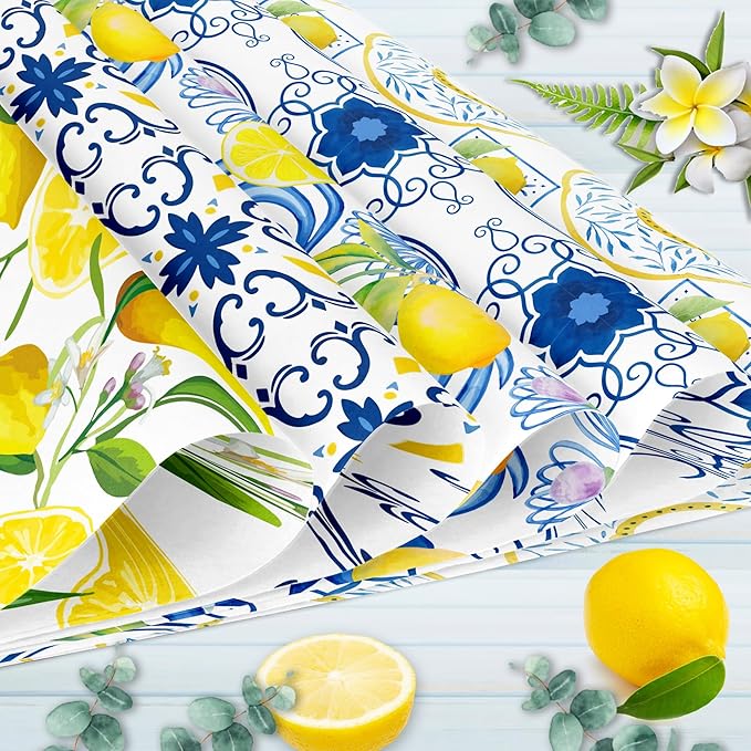 24 Sheets Lemon Scrapbook Paper Pad Double-Sided Blue Tiles Yellow Lemon Patterned Decorative Craft Paper for Card Making Photo Album Journal DIY Craft, 11.8'' x 11.8''
