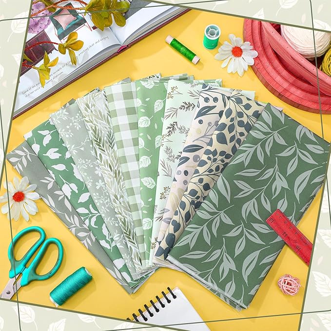 Hahafelt 10 Pcs Sage Green Quilting Fabric Bundle 20 x 20 Inch Vintage Green Floral Quarter Fat Square Fabric by The Yard Precuts Patchwork for Spring Baby Shower DIY Sewing Craft Supplies