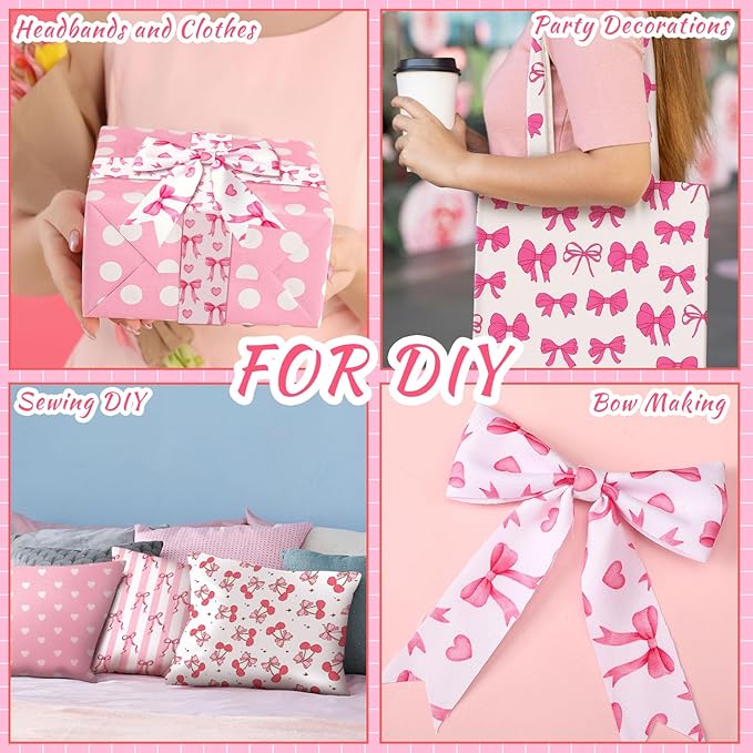 HunnmingRe 20 Pcs 10''x10'' Pink Bow Quilting Fabric Square Coquette Bow Quiltted Fabric Bundle Hot Pink and White Precuts Printed Patchwork Supplies for Holiday DIY Sewing Craft