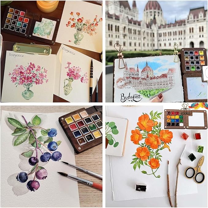 Watercolor Kit,New Mini Watercolor Paint Set, Pocket Watercolor Set with Paint, Brush,bag, Sketchbook & Copper Clip, Travel Kit for Beginners, Artists & Painting Enthusiasts(Walnu -15 Grids)