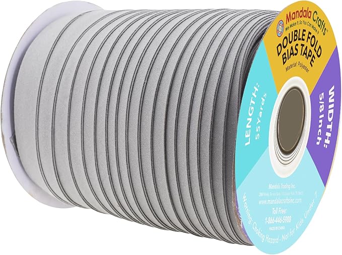 Mandala Crafts 55 Yards 5/8 Inch Gray Double Fold Bias Tape for Sewing - Bias Binding Tape for Quilting Binding, Hemming, Seam, and Fabric Piping