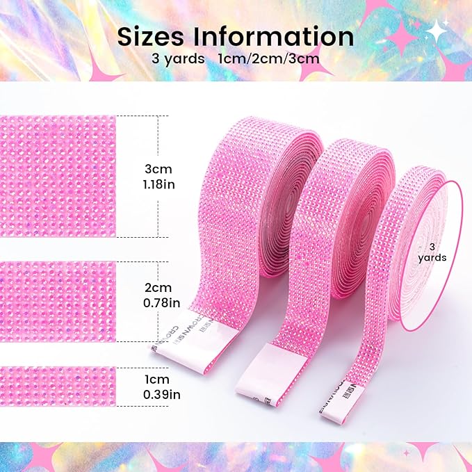 Novani Self Adhesive Rhinestone Ribbon, 1.18 Inch Wide 3 Yards 1 Roll, Hot Pink AB Crystal Diamond Bling Strips for DIY Crafts, Glitter Resin Rhinestones for Crafting, Car Decoration
