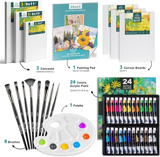 Inburit Paint Set for Adults & Kids, Painting Supplies Kit with 6 Canvases, 24 Acrylic Paints(22ml), 8 Brushes, 1Painting pad, Palette, Deluxe Paint Set for Kids, Student & Artist
