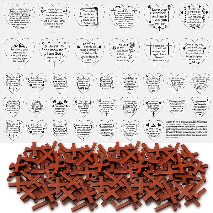 Pocket Prayer Quilt Panel Squares with Small Wooden Crosses Mini Scripture Pocket Prayer Quilt for Friend Family Religious Spiritual Gift Easter Reward Gift(Heart2,Brown)
