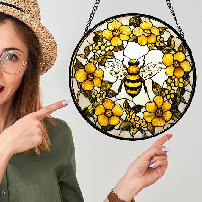Stained Glass Window Hanging - Yellow Flowers Surrounded by Bees Sun Catcher for Door Garden Home Decor Cute Suncatcher Christmas Mother's Day Birthday Gifts for Women Men Mom Nana 9.8 in